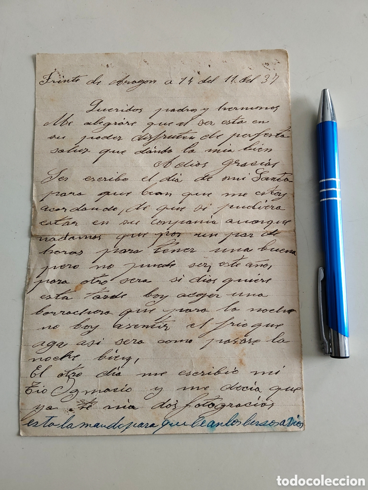 Militaria: Carta manuscrita desde el frente de Arag&oacute;n en noviembre de 1937 Guerra Civil