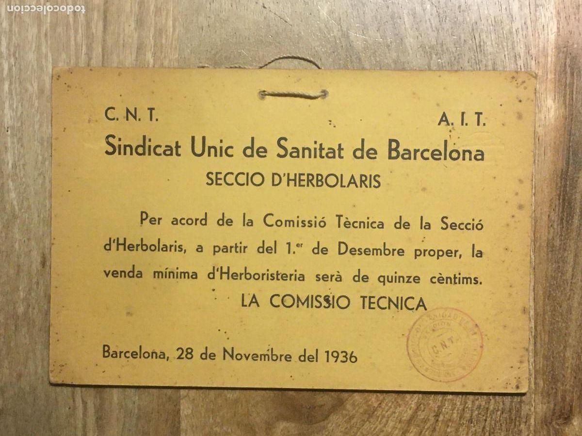 Militaria: CNT AIT guerra civil espa&ntilde;ola cartel carton sindicat unic herbolaris barcelona 1936 muy buen estado
