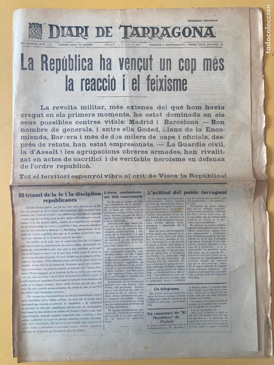 Militaria: DIARI DE TARRAGONA - 21 JULIOL 1936 - GUERRA CIVIL, BANDO REPUBLICANO