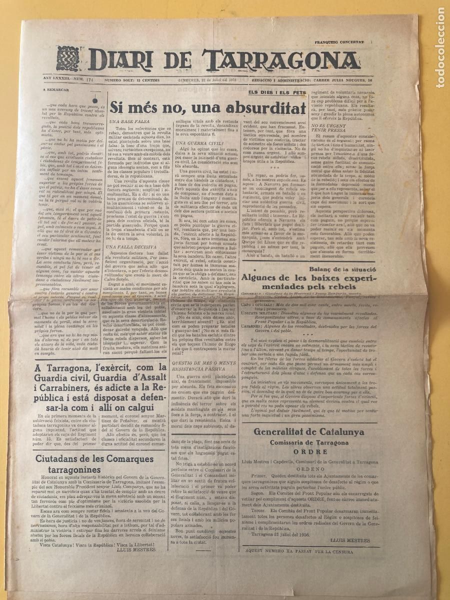 Militaria: DIARI DE TARRAGONA - 22 JULIOL 1936 - GUERRA CIVIL, BANDO REPUBLICANO