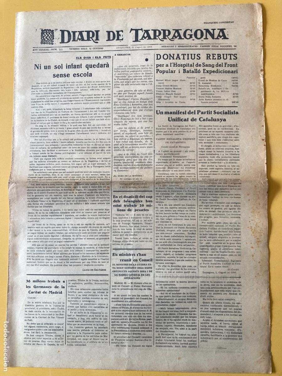 Militaria: DIARI DE TARRAGONA - 21 D'AGOST 1936 - GUERRA CIVIL, BANDO REPUBLICANO