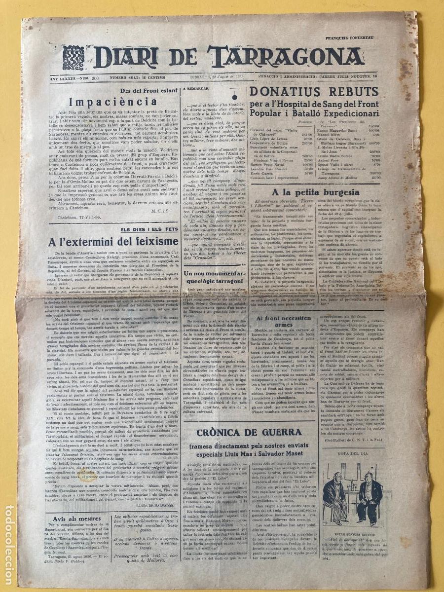 Militaria: DIARI DE TARRAGONA - 22 D'AGOST 1936 - GUERRA CIVIL, BANDO REPUBLICANO