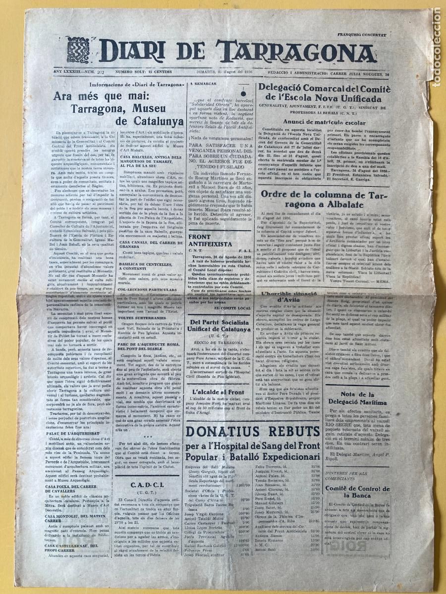Militaria: DIARI DE TARRAGONA - 25 D'AGOST 1936 - GUERRA CIVIL, BANDO REPUBLICANO