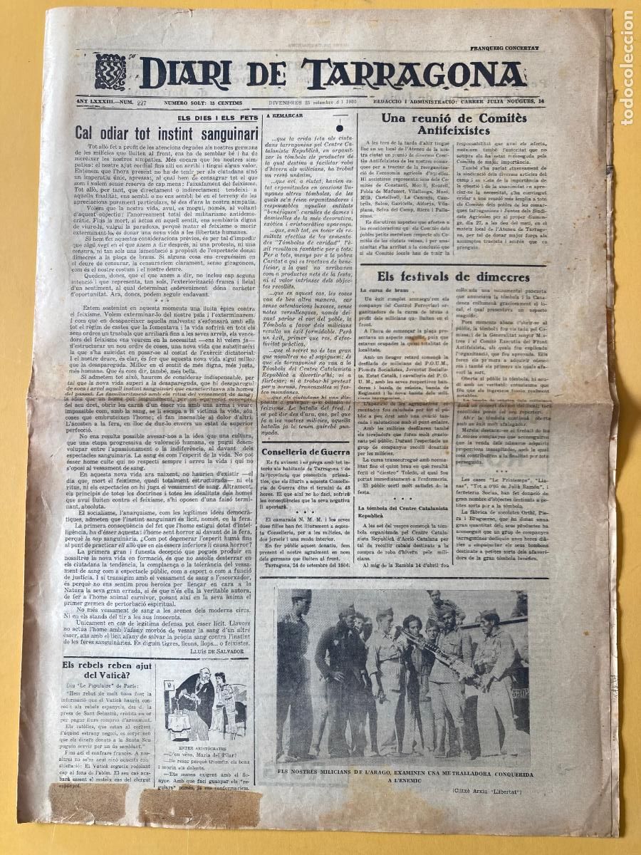 Militaria: DIARI DE TARRAGONA - 25 SETEMBRE 1936 - GUERRA CIVIL, BANDO REPUBLICANO