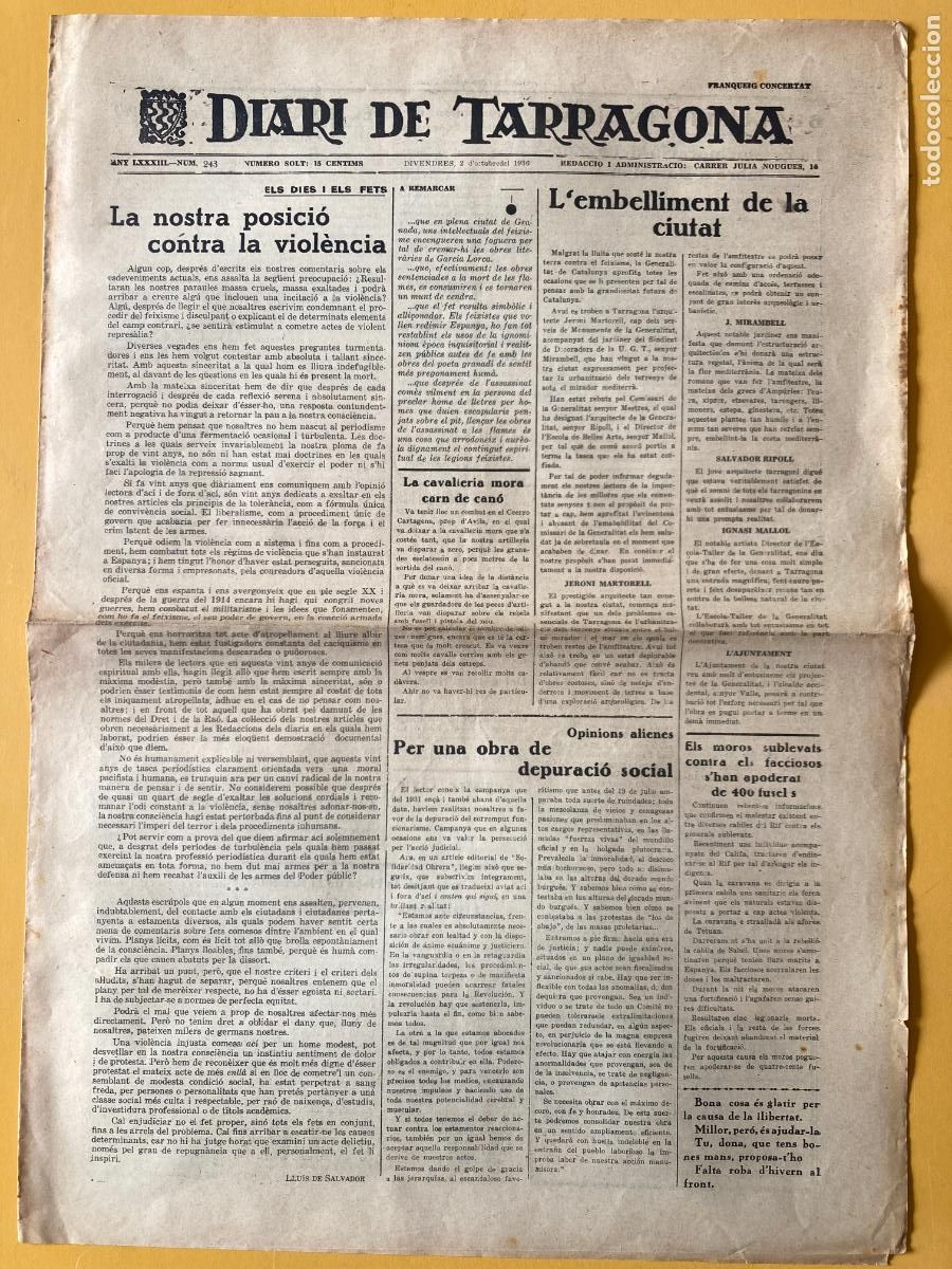 Militaria: DIARI DE TARRAGONA - 2 D'OCTUBRE 1936 - GUERRA CIVIL, BANDO REPUBLICANO
