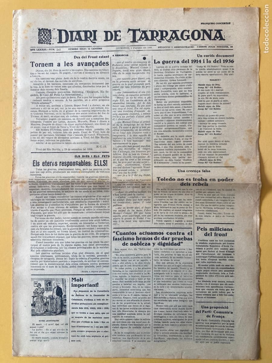 Militaria: DIARI DE TARRAGONA - 4 D'OCTUBRE 1936 - GUERRA CIVIL, BANDO REPUBLICANO
