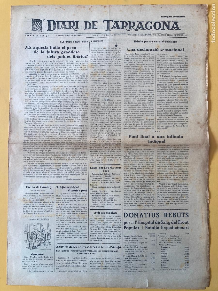 Militaria: DIARI DE TARRAGONA - 9 D'OCTUBRE 1936 - GUERRA CIVIL, BANDO REPUBLICANO