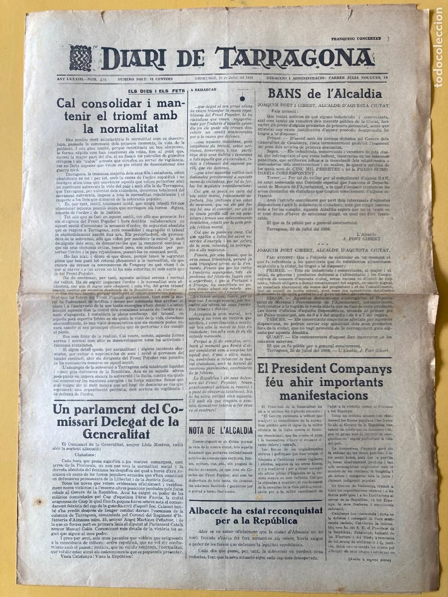 Militaria: DIARI DE TARRAGONA - 26 JULIOL 1936 - GUERRA CIVIL, BANDO REPUBLICANO