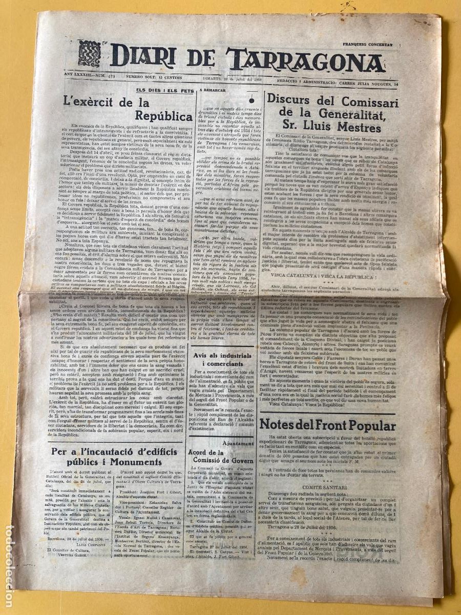 Militaria: DIARI DE TARRAGONA - 28 JULIOL 1936 - GUERRA CIVIL, BANDO REPUBLICANO