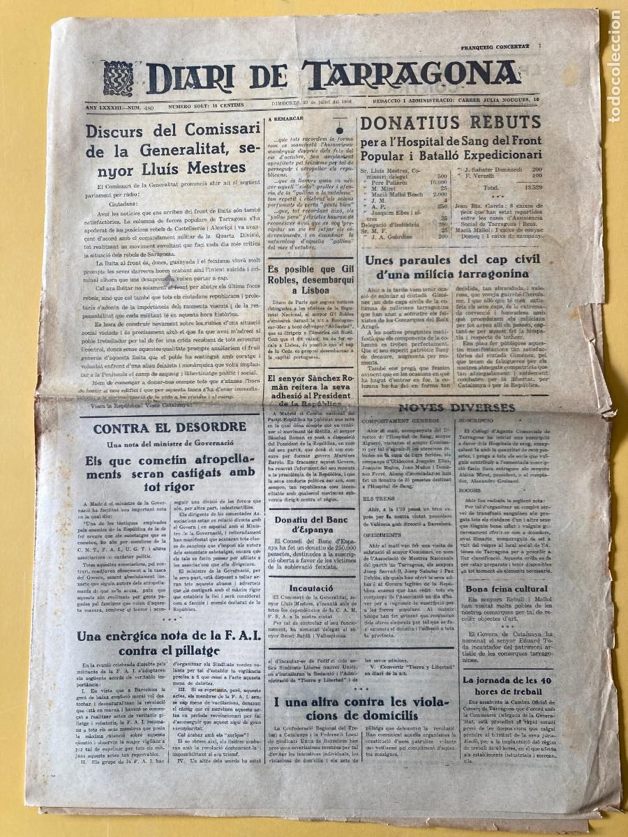 Militaria: DIARI DE TARRAGONA - 29 JULIOL 1936 - GUERRA CIVIL, BANDO REPUBLICANO