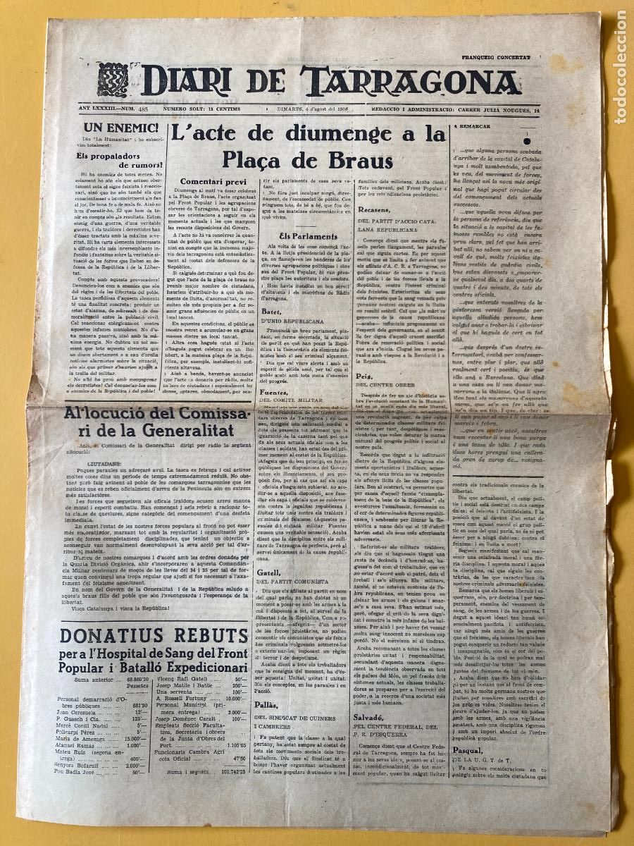 Militaria: DIARI DE TARRAGONA - 4 D'AGOST 1936 - GUERRA CIVIL, BANDO REPUBLICANO