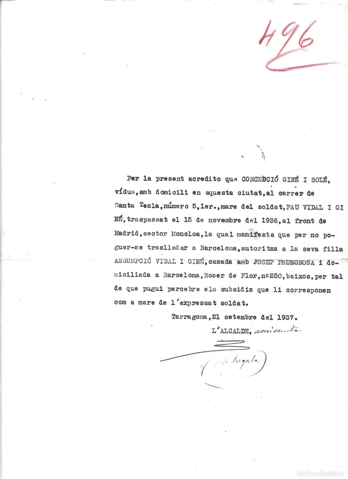 Militaria: GUERRA CIVIL-AUTORITZACI&Oacute; PER COBRAR SUBSIDI PER LA MORT DE SOLDAT AL FRENTE DE MADRID-AJ.TARRAGONA