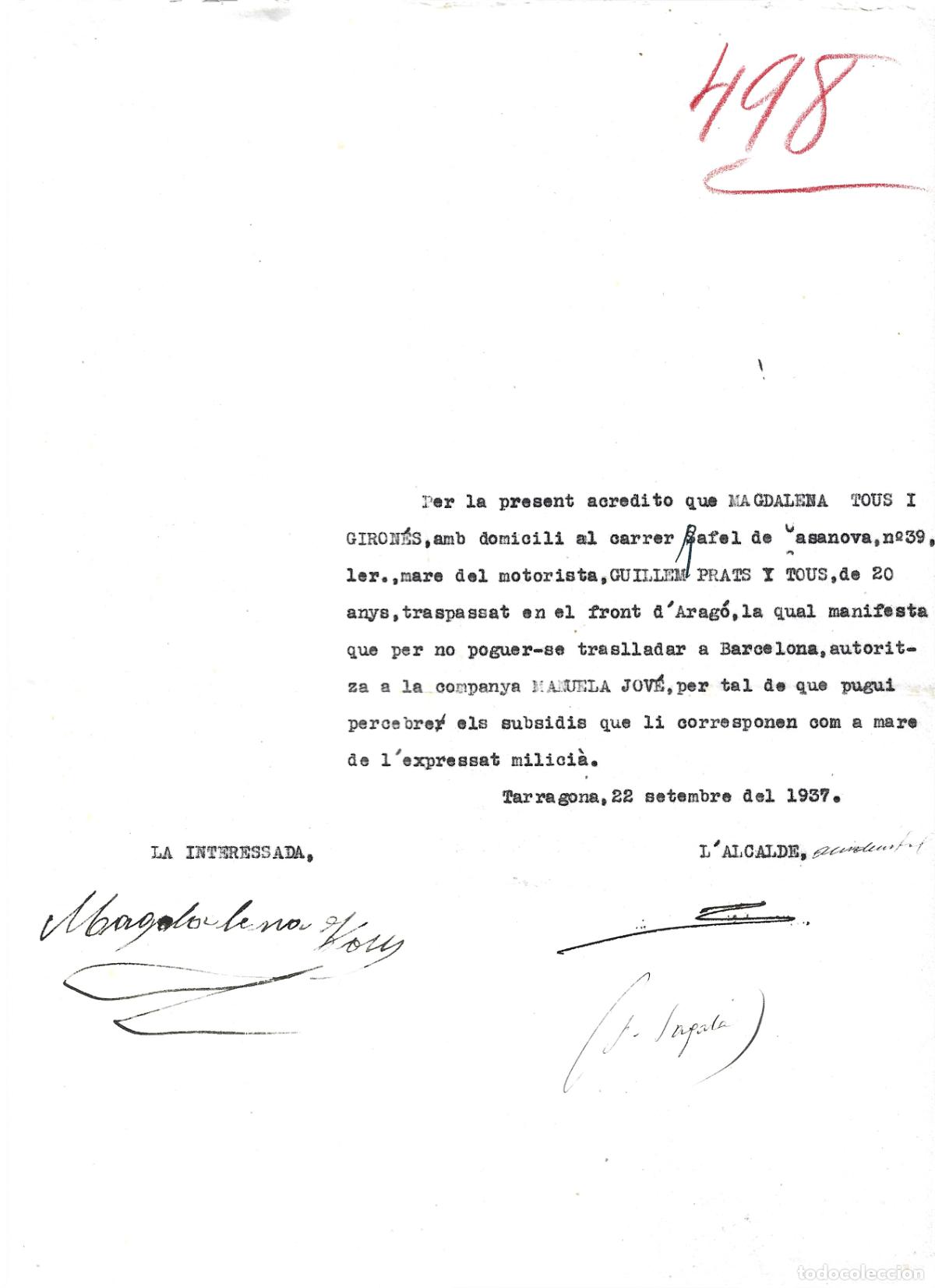 Militaria: GUERRA CIVIL-AUTORITZACI&Oacute; PER COBRAR SUBSIDI PER LA MORT DE SOLDAT AL FRONT D`ARAGO-AJ.TARRAGONA