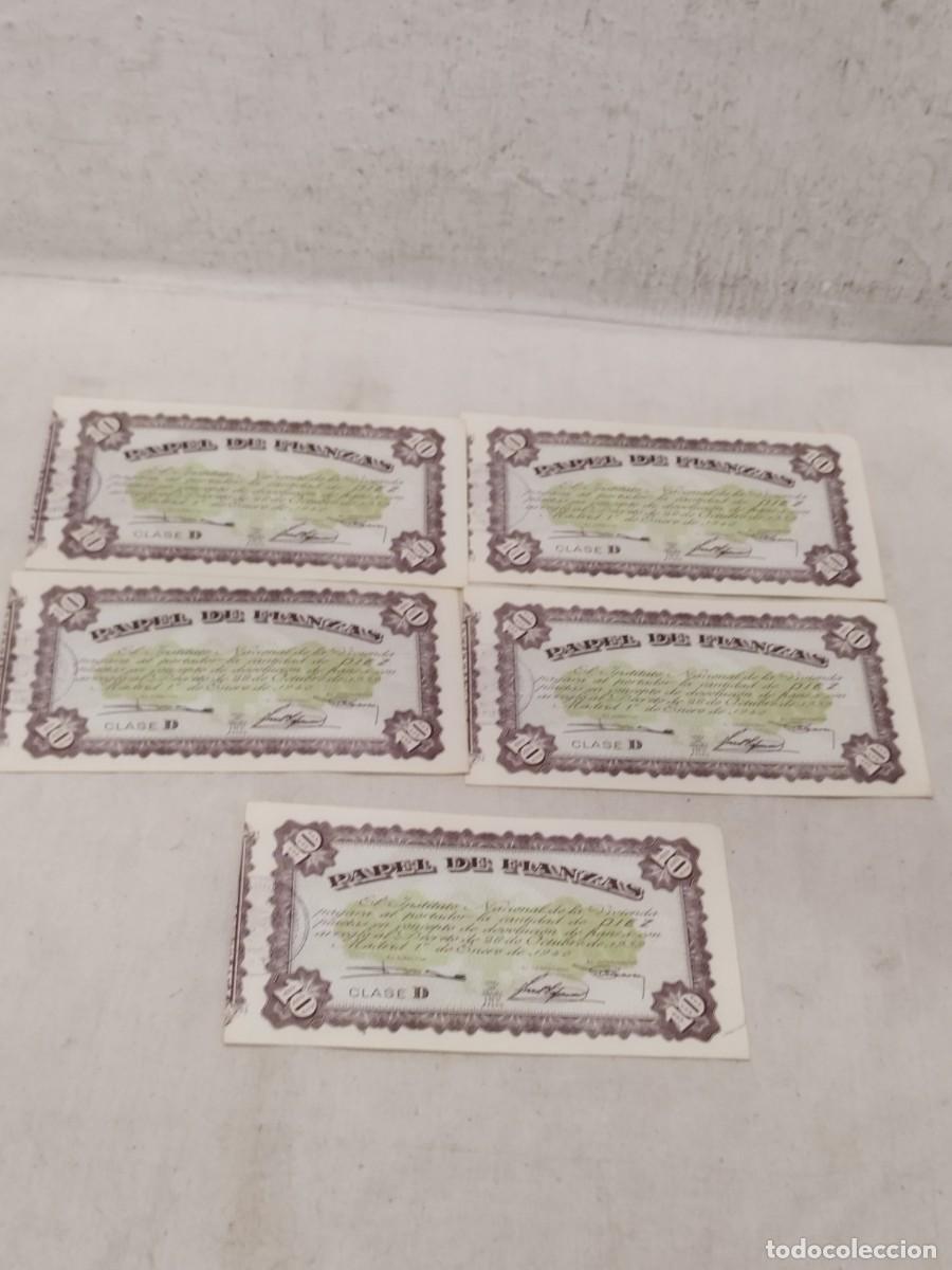 Militaria: 5 antiguos papeles de fianzas de 10. Billetes clase D. Guerra civil 1939/40.