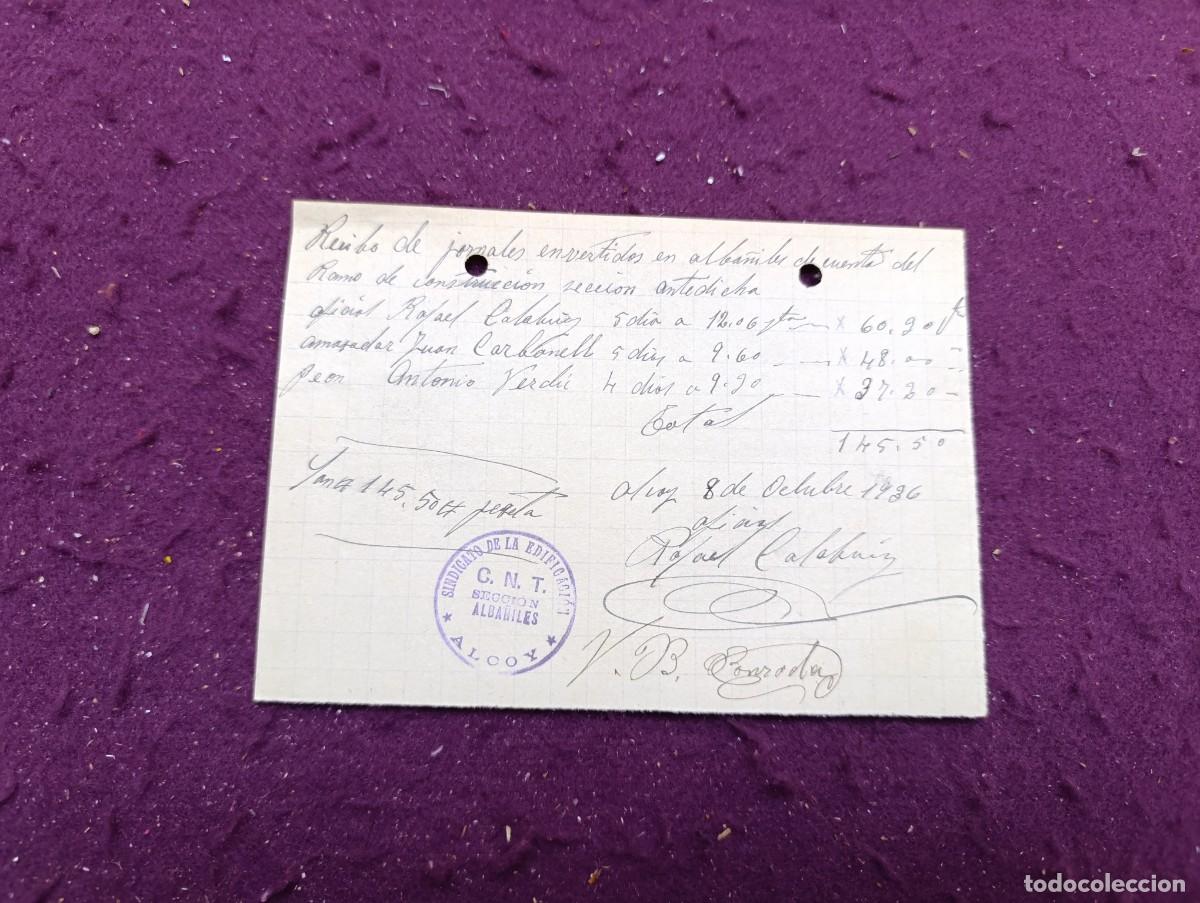 Military Antiques: Guerra Civil, Factura o Recibo, Alcoy, recibo de jornales, sello CNT
