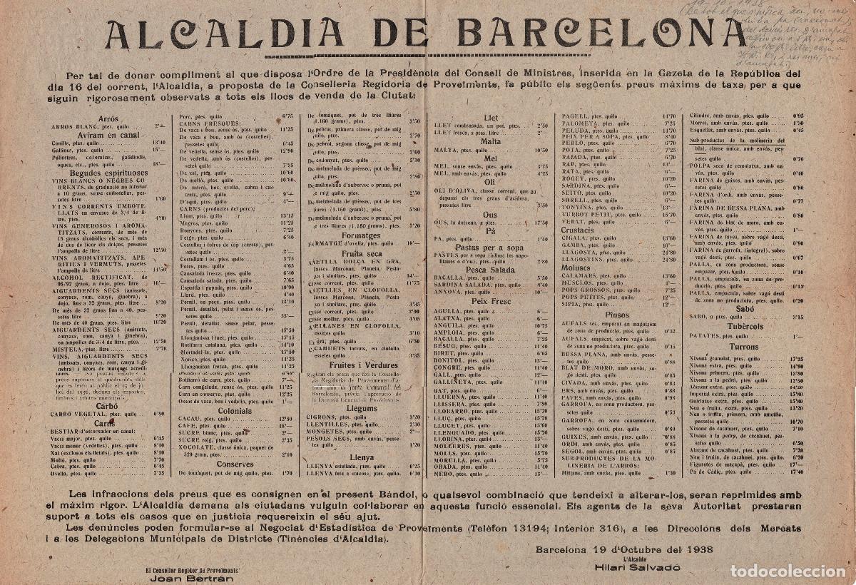 Militaria: LISTA OFICIAL DE PRECIOS M&Aacute;XIMOS PARA DIVERSOS PRODUCTOS DE CONSUMO B&Aacute;SICO EN BARCELONA 1938