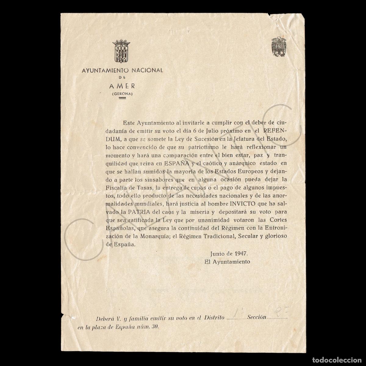 Militaria: Ajuntament Amer &ndash; Referendum de successi&oacute; &ndash; Posguerra Franquisme 1947