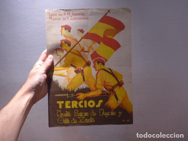 Militaria: Antigua partitura militar carlista de Tercios Ntra Sra de Bego&ntilde;a y Ortiz de zarate, Guerra civil
