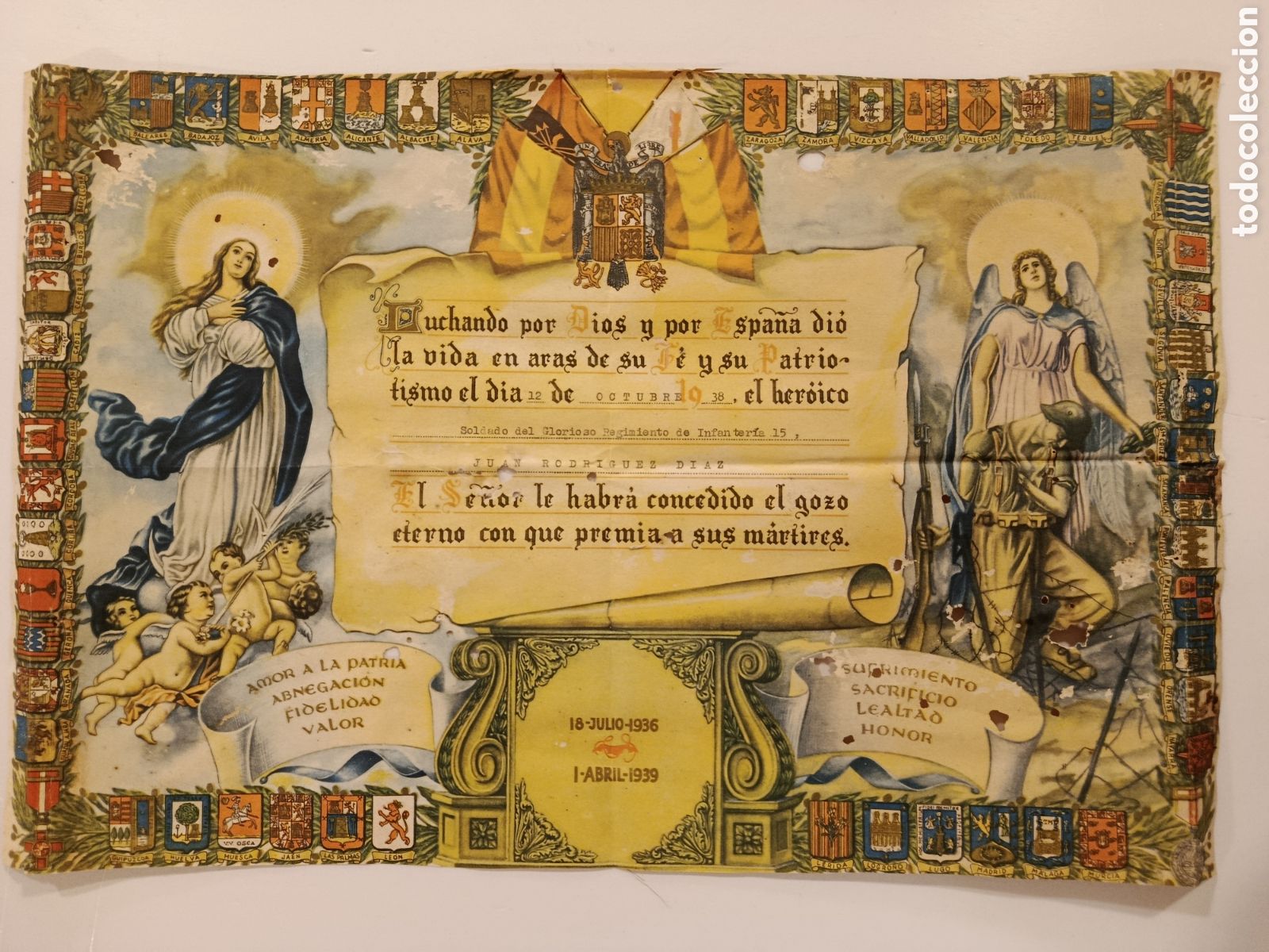 Militaria: HOMENAJE RECUERDO MUERTO EN LA GUERRA CIVIL ESPA&Ntilde;OLA. FALANGE. CARLISMO. 46 X 30 CM