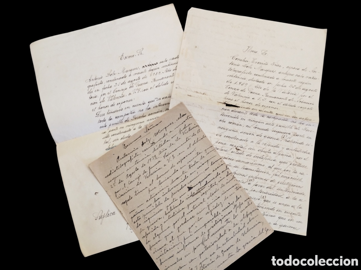 Militaria: Documentos s&uacute;plica a Franco por condenado a muerte. Agosto 1939. ANTONIO DOLZ MARQU&Eacute;S. DOCUMENT