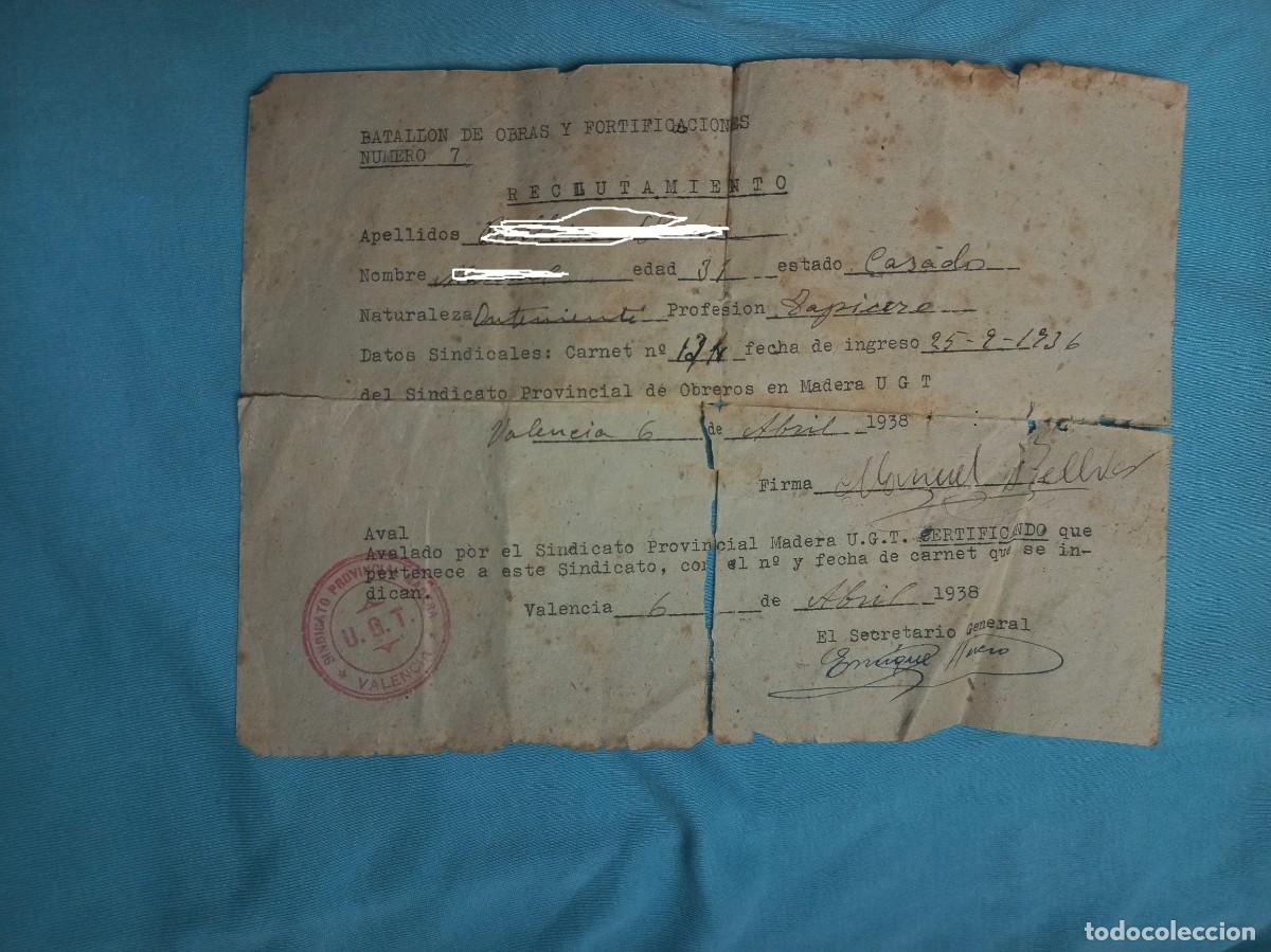 Militaria: antiguo justificante pertenencia a UGT - abril 1938 - Valencia- Reclutamiento del Batallon 7