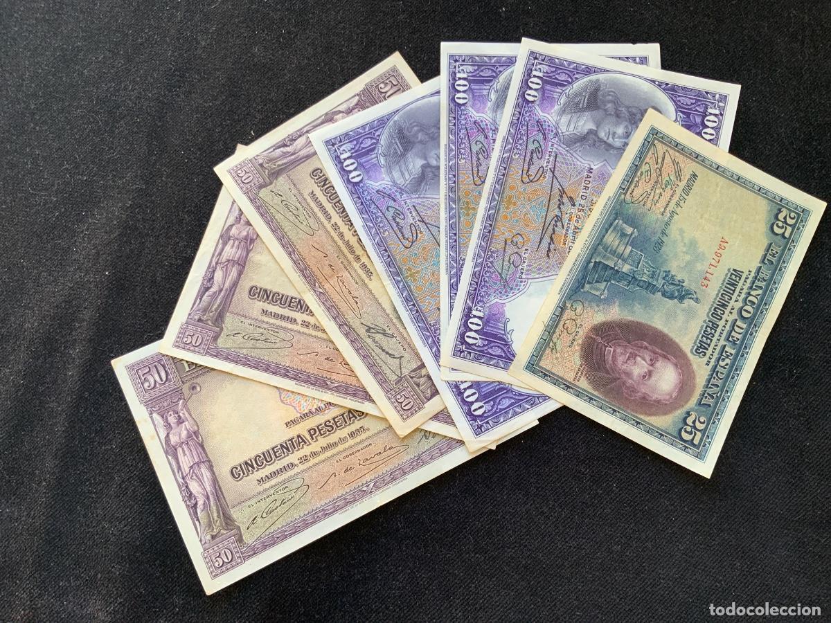 Militaria: Antiguos billetes espa&ntilde;oles que circularon durante la guerra civil, lote de 7, 1935, 1931 1928.