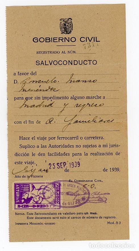 Militaria: GUERRA CIVIL. SALVOCONDUCTO GIJON A MADRID. ASTURIAS. . 1939. SELLO SUBSIDIO AL COMBATIENTE. TREN