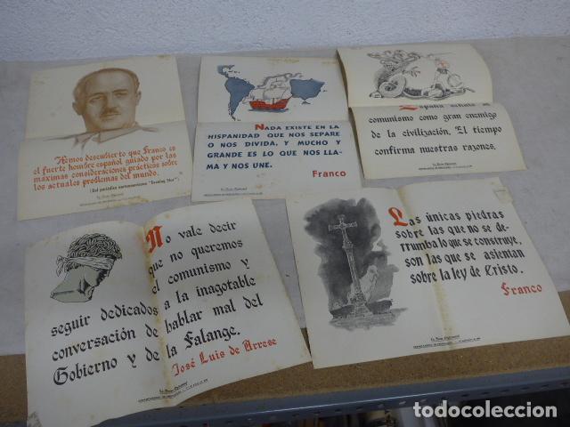 Militaria: Lote 5 antiguos cartel a&ntilde;os 40 del Departamento propaganda franquista, frase quincenal