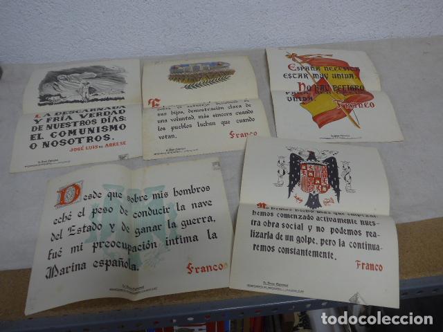Militaria: Lote 5 antiguos cartel a&ntilde;os 40 del Departamento propaganda franquista, frase quincenal
