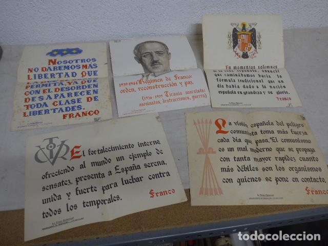 Militaria: Lote 5 antiguos cartel a&ntilde;os 40 del Departamento propaganda franquista, frase quincenal