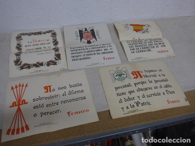 Militaria: Lote 5 antiguos cartel a&ntilde;os 40 del Departamento propaganda franquista, frase quincenal