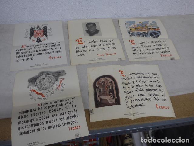 Militaria: Lote 5 antiguos cartel a&ntilde;os 40 del Departamento propaganda franquista, frase quincenal