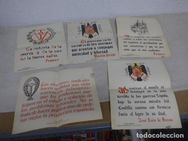 Militaria: Lote 5 antiguos cartel a&ntilde;os 40 del Departamento propaganda franquista, frase quincenal