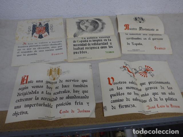 Militaria: Lote 5 antiguos cartel a&ntilde;os 40 del Departamento propaganda franquista, frase quincenal