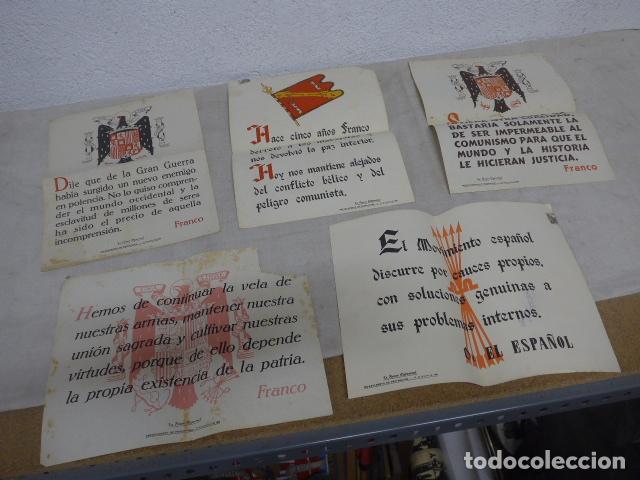 Militaria: Lote 5 antiguos cartel a&ntilde;os 40 del Departamento propaganda franquista, frase quincenal