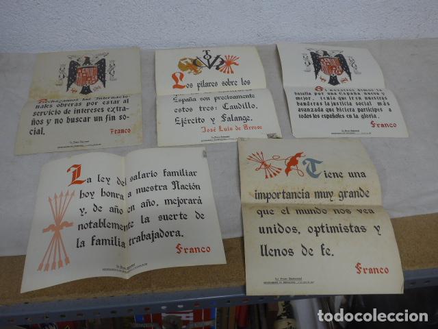 Militaria: Lote 5 antiguos cartel a&ntilde;os 40 del Departamento propaganda franquista, frase quincenal