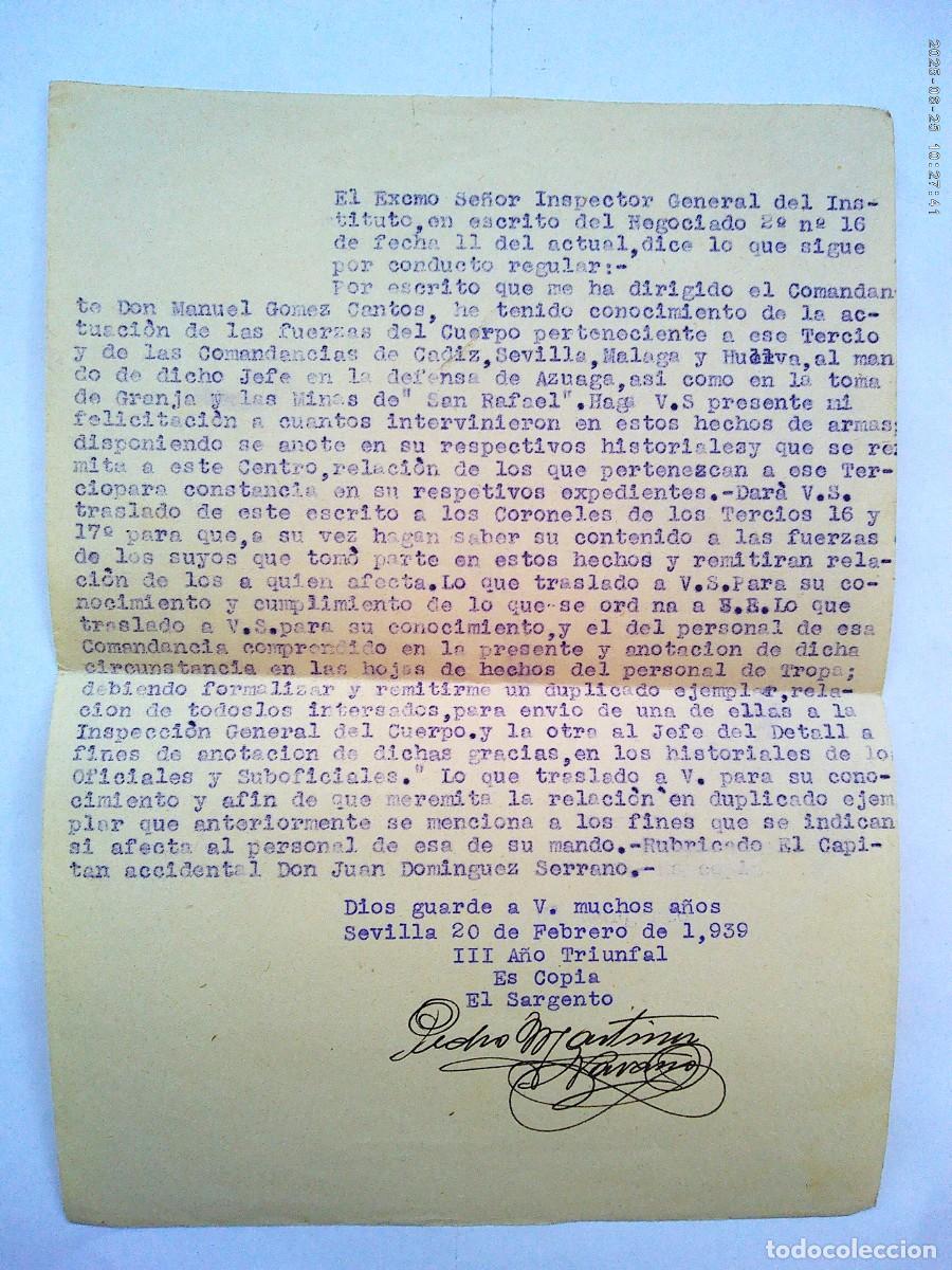 Militaria: GUERRA CIVIL : NOTA FELICITACION TERCIO GUARDIA CIVIL POR ACCIONES FRENTES DEL SUR. SEVILLA 1939