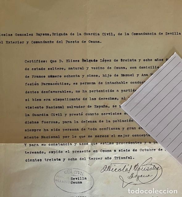 Militaria: GUARDIA CIVIL DE SEVILLA 1938, CERTIFICADO DE BUENA CONDUCTA PARA ELISEO BELGADO, CONTRA MARSISMO