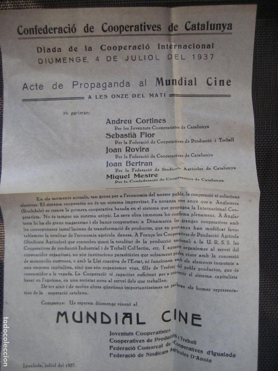 Militaria: Confederaci&oacute; de Cooperatives de Catalunya 1937 Guerra civil . Acte propaganda Igualada Mundial cine