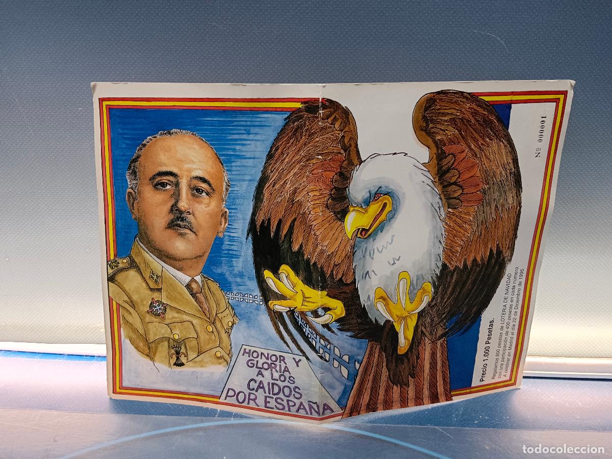 Militaria: Cartel publicitario, venta de loteria A&Ntilde;O 1995. FRANCISCO FRANCO. Honor y gloria 30x22 cm