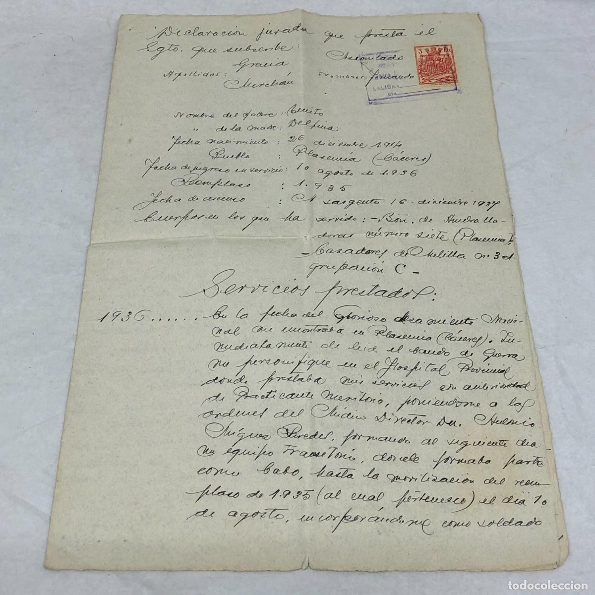 Militaria: DECLARACI&Oacute;N MILITAR DE UN SOLDADO - SERVICIOS PRESTADOS GUERRA CIVIL 1936-1939 - RAR&Iacute;SIMO / 1157