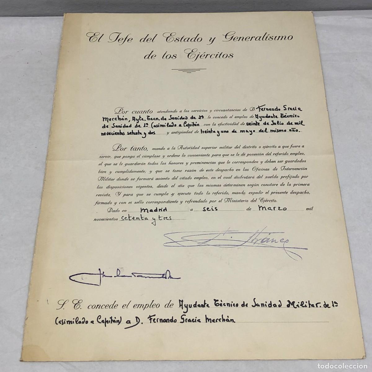 Militaria: EL JEFE DEL ESTADO Y GENERAL&Iacute;SIMO DE LOS EJ&Eacute;RCITOS CONCEDE EMPLEO - FIRMA FRANCO ESTAMPILLADA / 1158