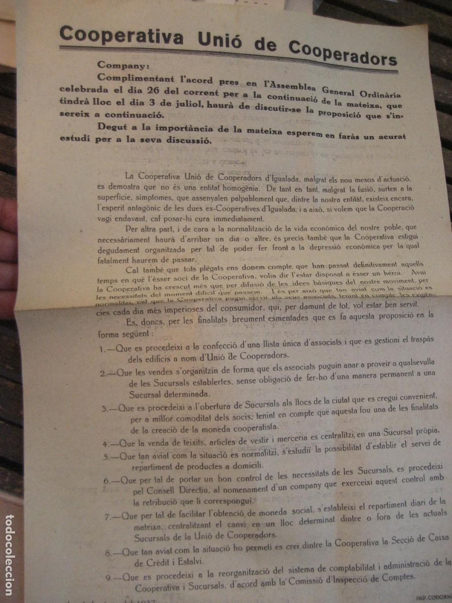 Militaria: Cooperativa . Uni&oacute; de cooperadors . Asamblea . Igualada 1937 Guerra civil