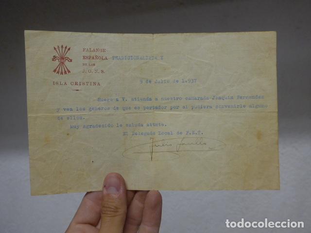 Militaria: Antiguo documento de 1937 de Falange de Isla Cristina, Huelva. Guerra civil.