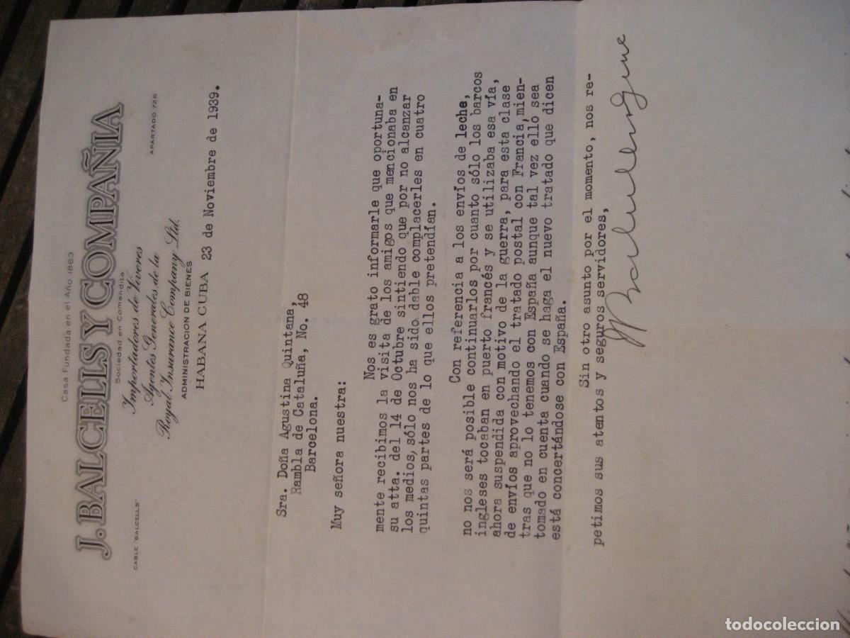 Militaria: carta Balcells y compa&ntilde;ia - Cuba 1939 guerra civil dificultat para enviar v&iacute;veres a Espa&ntilde;a