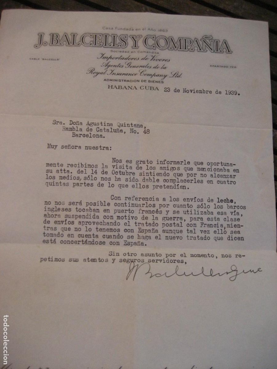 Militaria: carta Balcells y compa&ntilde;ia - Cuba 1939 guerra civil dificultat para enviar v&iacute;veres a Espa&ntilde;a
