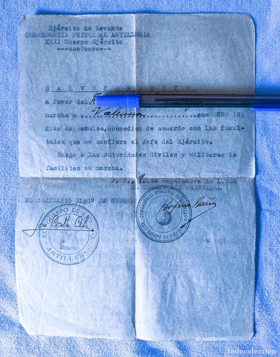 Militaria: SALVOCONDUCTO DE LA GUERRA CIVIL EJERCITO DE LEVANTE COMANDANCIA PRINCIPAL DE ARTILLERIA A&Ntilde;O 1938