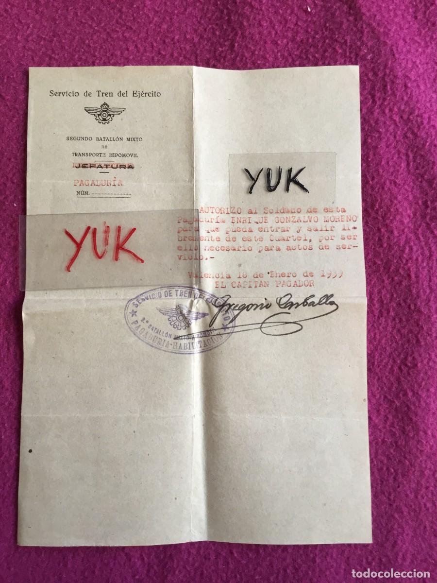 Militaria: PASE AUTORIZACION DE LIBRE ACCESO AL CUARTEL - VALENCIA ENERO 1939 - 2&ordm; BATALLON MIXTO HIPOMOVIL