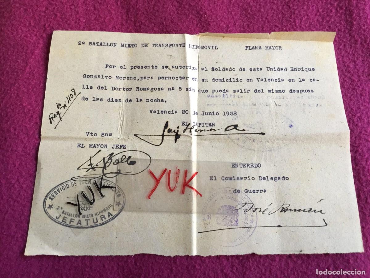 Militaria: AUTORIZACION PARA DORMIR EN CASA -VALENCIA 1938 - 2&ordm; BATALLON HIPOMOVIL FIRMA COMISARIO GUERRA CIVIL