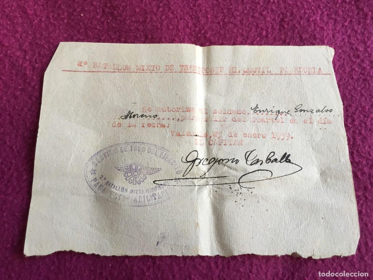Militaria: PASE AUTORIZACION DE SALIDA DEL CUARTEL - VALENCIA 25 ENERO 1939 - 2&ordm; BATALLON MIXTO HIPOMOVIL